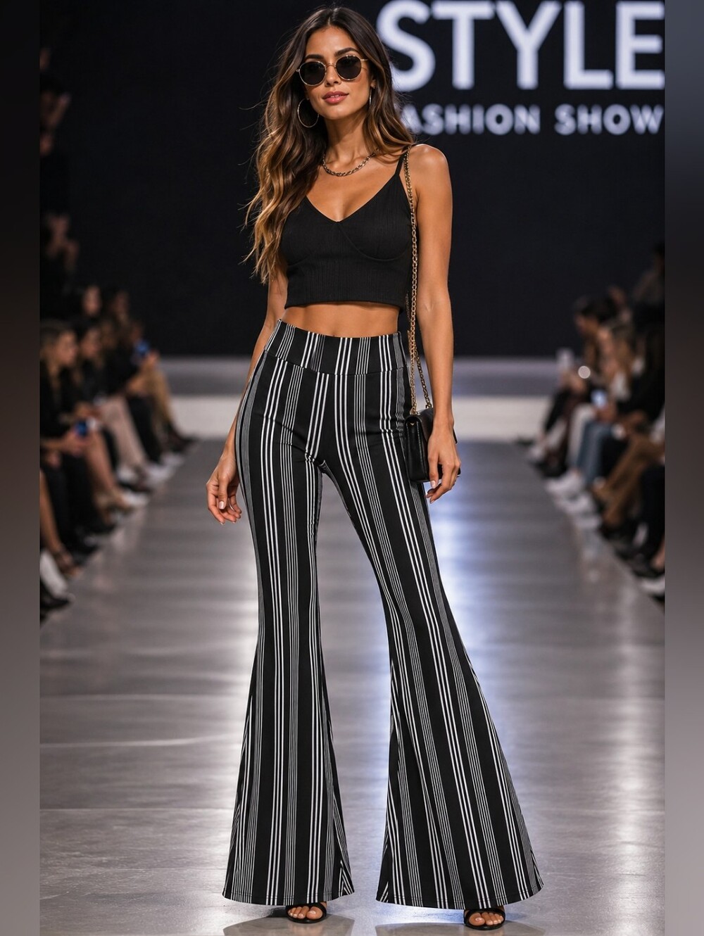 NWT No Boundaries Stretch Bellbottom Bell Bottom Pants Black White Pin Stripe L - Picture 2 of 12